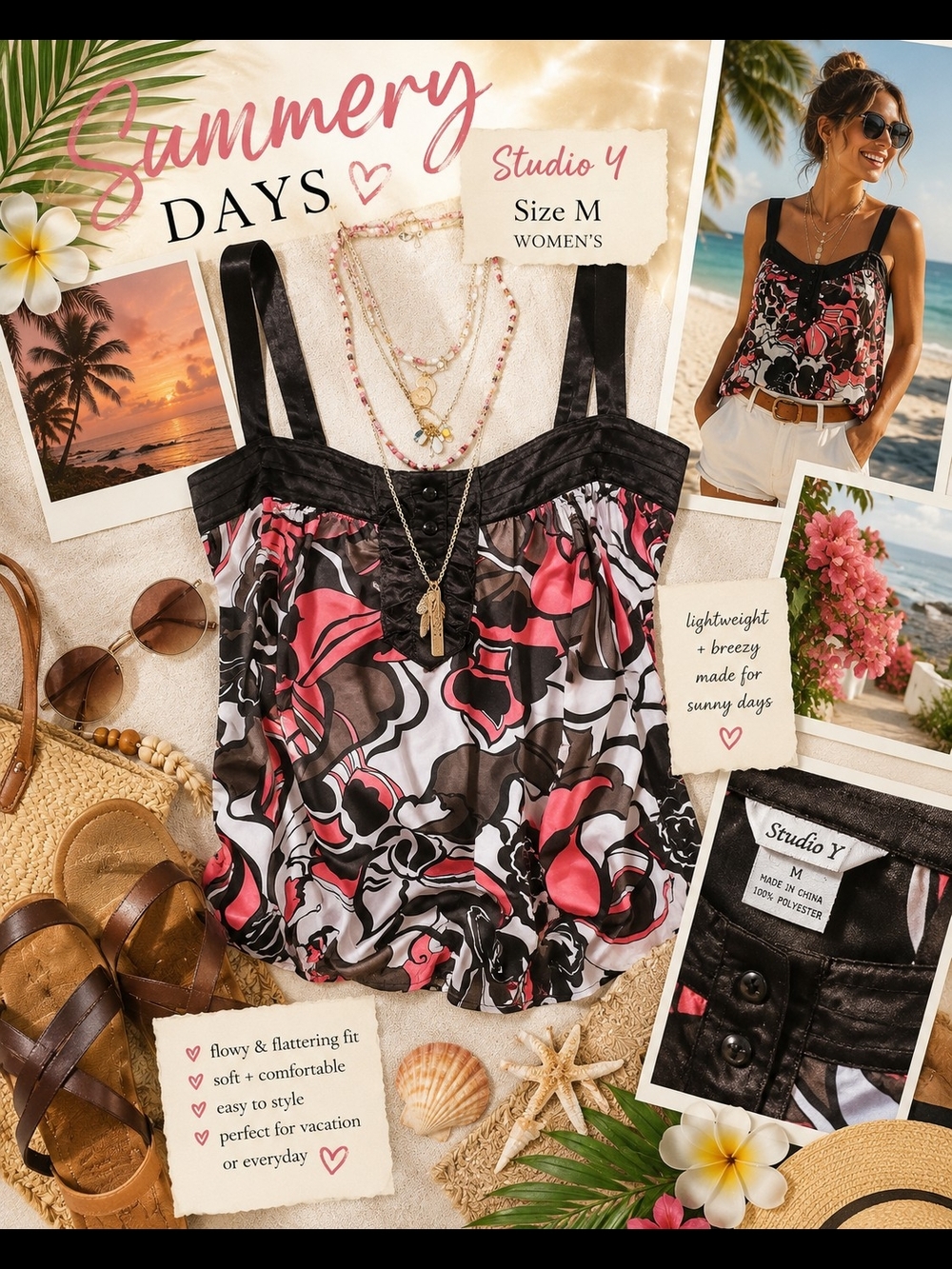 Studio Y Black Floral Camisole with Pink & White Accents